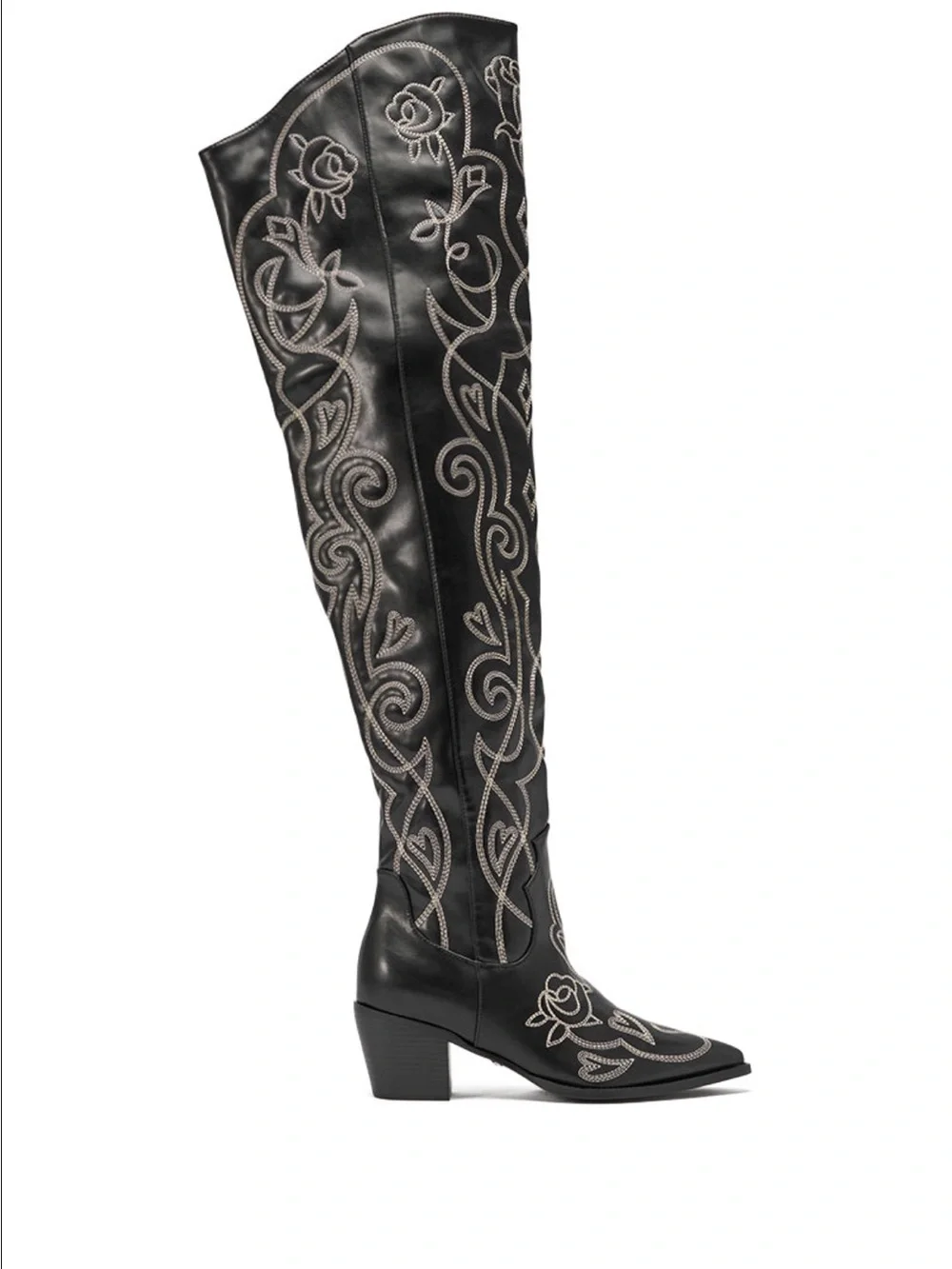Black Embroidered Over-the-Knee Western Boot